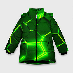 Куртка зимняя для девочки 3D ПЛИТЫ НЕОН NEON GREEN HEXAGON РАЗЛОМ, цвет: 3D-черный