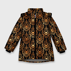 Куртка зимняя для девочки Золотые черепа на черном фоне, цвет: 3D-светло-серый