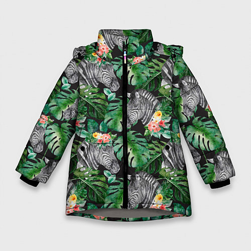Зимняя куртка для девочки Зебра и листья / 3D-Светло-серый – фото 1