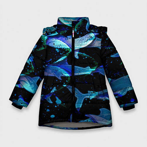 Зимняя куртка для девочки На дне морском Акулы / 3D-Светло-серый – фото 1