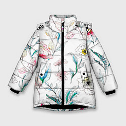 Куртка зимняя для девочки Цветы Нарисованные, цвет: 3D-черный