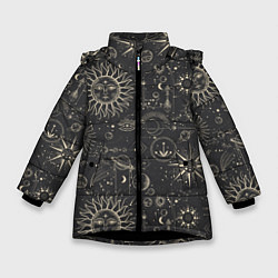 Куртка зимняя для девочки Небесные тела, созвездия, солнце, космос, мистика, цвет: 3D-черный
