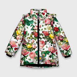 Куртка зимняя для девочки Узор из летних роз Summer Roses Pattern, цвет: 3D-черный