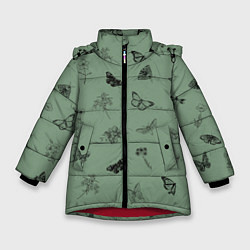 Куртка зимняя для девочки Цветочки и бабочки на зеленом фоне, цвет: 3D-красный