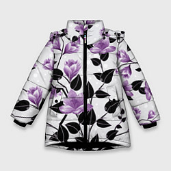Куртка зимняя для девочки Распустившиеся фиолетовые цветы, цвет: 3D-черный