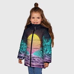 Куртка зимняя для девочки Vaporwave Закат солнца в горах Neon, цвет: 3D-светло-серый — фото 2