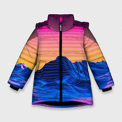 Куртка зимняя для девочки Vaporwave Mountains Психоделика Неон, цвет: 3D-черный