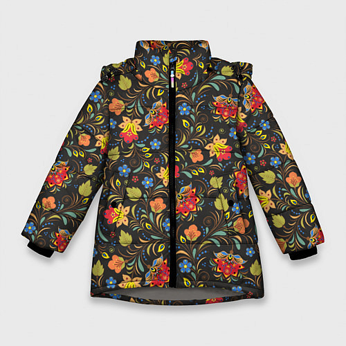 Зимняя куртка для девочки Хохломские цветочки / 3D-Светло-серый – фото 1
