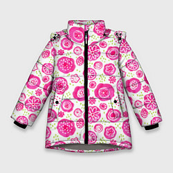 Зимняя куртка для девочки Яркие розовые цветы в дудл стиле, абстракция