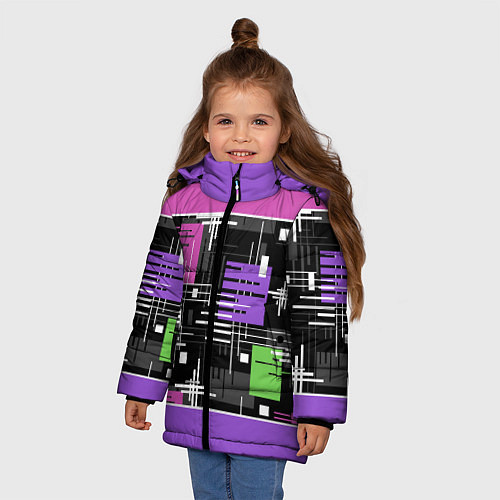Зимняя куртка для девочки Розово-фиолетовый геометрические фигуры и полосы / 3D-Черный – фото 3