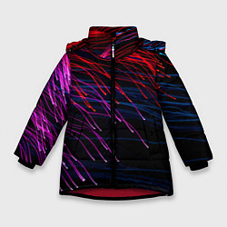 Куртка зимняя для девочки Цветные неоновые линии на чёрном фоне Colored neon, цвет: 3D-красный