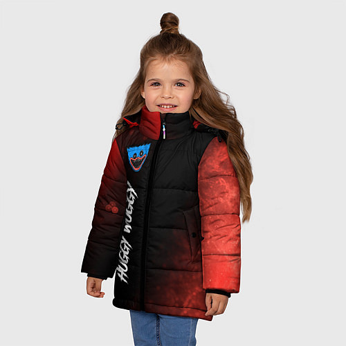 Зимняя куртка для девочки Надпись и лицо Huggy Wuggy на темном фоне с огнем / 3D-Черный – фото 3