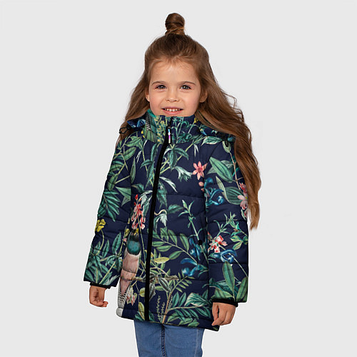 Зимняя куртка для девочки Цветы и Розовые Птицы В Саду / 3D-Черный – фото 3