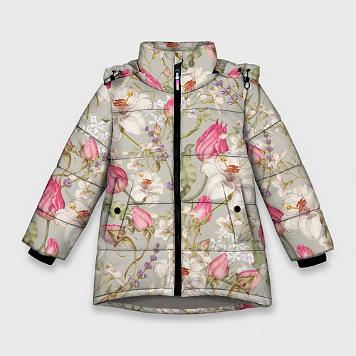 Зимняя куртка для девочки Цветы Ностальгические Белые Лилии / 3D-Светло-серый – фото 1