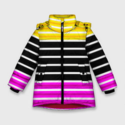 Куртка зимняя для девочки Желтые розовые и черные полосы на белом, цвет: 3D-красный