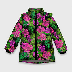 Куртка зимняя для девочки Тропические листья и цветы на черном фоне, цвет: 3D-светло-серый