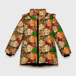 Куртка зимняя для девочки Бутоны и листья, цвет: 3D-черный