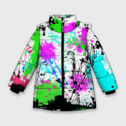 Куртка зимняя для девочки Неоновые разноцветные пятна и брызги красок, цвет: 3D-черный