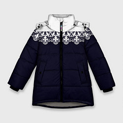 Зимняя куртка для девочки Белое кружево на темном синем фоне