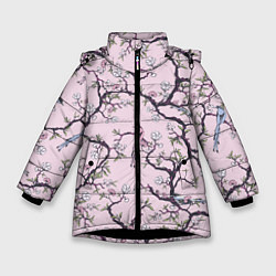 Куртка зимняя для девочки Цветы Сакуры и Птицы На Ветках, цвет: 3D-черный