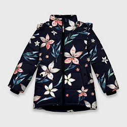 Зимняя куртка для девочки Цветы Нарисованные Акварелью На Чёрном Фоне