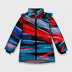 Куртка зимняя для девочки Неоновые прерывающиеся линии - Красный и голубой, цвет: 3D-светло-серый