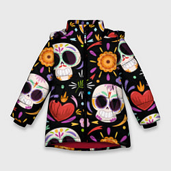 Куртка зимняя для девочки Веселые черепа в цветах, цвет: 3D-красный