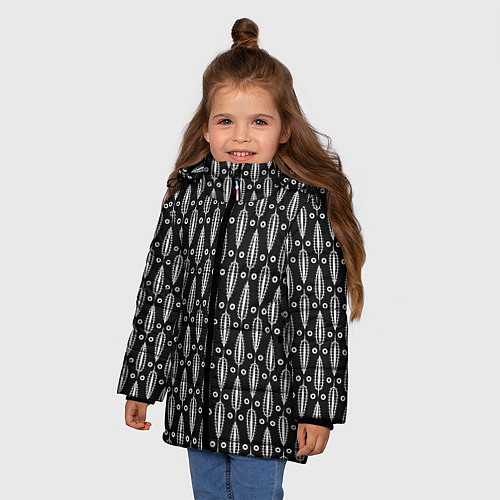 Зимняя куртка для девочки Черно-белый современный модный узор листья / 3D-Черный – фото 3