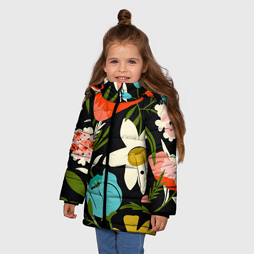 Зимняя куртка для девочки Яркие цветы на фоне тёмной летней ночи / 3D-Черный – фото 3