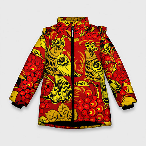 Зимняя куртка для девочки Хохломская Роспись Две Птици На Красном Фоне / 3D-Черный – фото 1