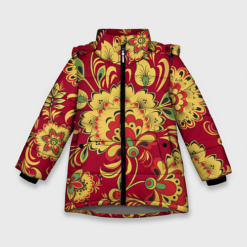 Зимняя куртка для девочки Хохломская Роспись Цветы На красном Фоне / 3D-Светло-серый – фото 1