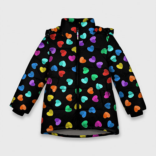 Зимняя куртка для девочки Сердечки разноцветные на черном / 3D-Светло-серый – фото 1