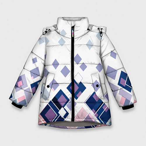 Зимняя куртка для девочки Геометрический узор в бело-синий тонах / 3D-Светло-серый – фото 1