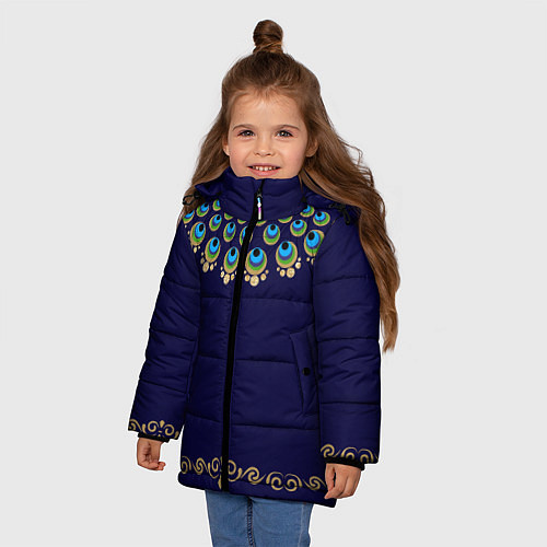 Зимняя куртка для девочки Павлиньи перья с вензелями / 3D-Черный – фото 3