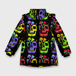 Куртка зимняя для девочки Мухоморы, растущие на черепе, цвет: 3D-черный