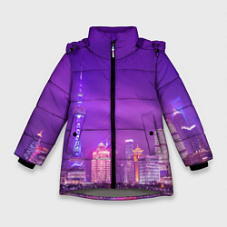 Куртка зимняя для девочки Неоновый мегаполис - Фиолетовый, цвет: 3D-светло-серый