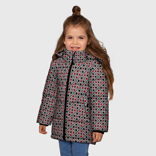 Зимняя куртка для девочки Красный, черный квадраты на гранжевом сером / 3D-Светло-серый – фото 3