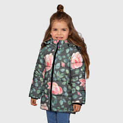 Куртка зимняя для девочки Розовые розы на сером фоне Цветы, цвет: 3D-черный — фото 2