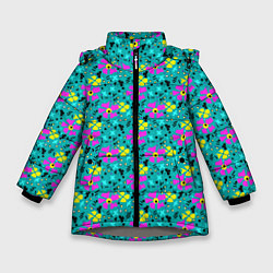 Зимняя куртка для девочки Яркий цветочный узор на бирюзовом фоне