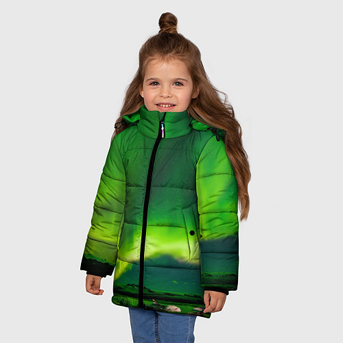 Зимняя куртка для девочки Абстрактное полярное сияние - Зелёный / 3D-Черный – фото 3