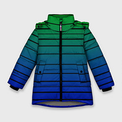 Куртка зимняя для девочки Черные полосы на синем, зеленом градиенте, цвет: 3D-светло-серый