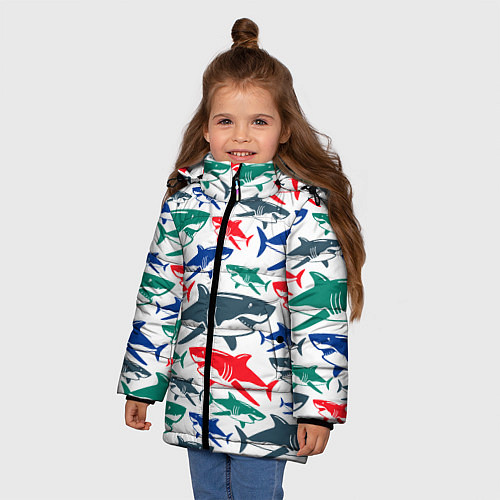 Зимняя куртка для девочки Стая разноцветных акул - паттерн / 3D-Черный – фото 3