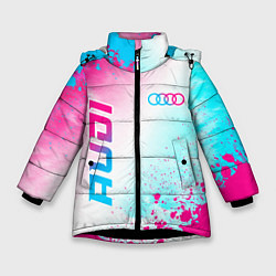 Куртка зимняя для девочки Audi neon gradient style: символ и надпись вертика, цвет: 3D-черный