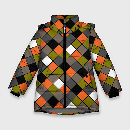 Зимняя куртка для девочки Геометрический узор в коричнево-оливковых тонах / 3D-Светло-серый – фото 1