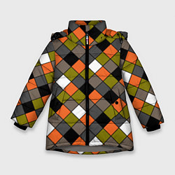 Куртка зимняя для девочки Геометрический узор в коричнево-оливковых тонах, цвет: 3D-светло-серый
