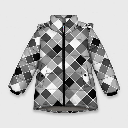 Зимняя куртка для девочки Черно-белый клетчатый узор / 3D-Светло-серый – фото 1