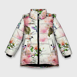 Куртка зимняя для девочки Цветы Нарисованные Магнолии и Разноцветные Птицы, цвет: 3D-черный