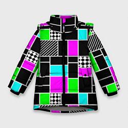 Зимняя куртка для девочки Неоновый геометрический узор на черном
