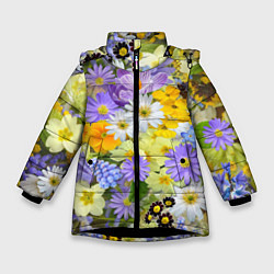 Куртка зимняя для девочки Цветочная летняя поляна, цвет: 3D-черный