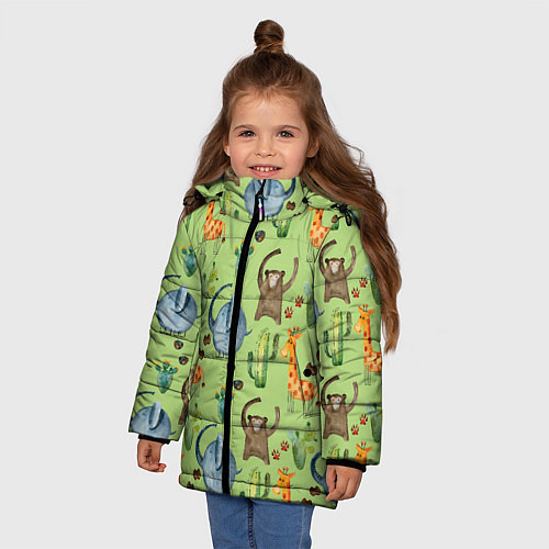 Зимняя куртка для девочки Африканские животные - слон обезьянка жираф / 3D-Черный – фото 3
